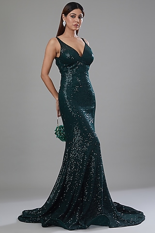Bottle Green Net Gown by Megha & Jigar