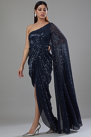 Navy Blue Net Draped Saree by Megha & Jigar