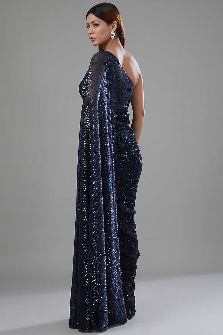Navy Blue Net Draped Wedding Saree by Megha & Jigar at Pernia's Pop Up Shop