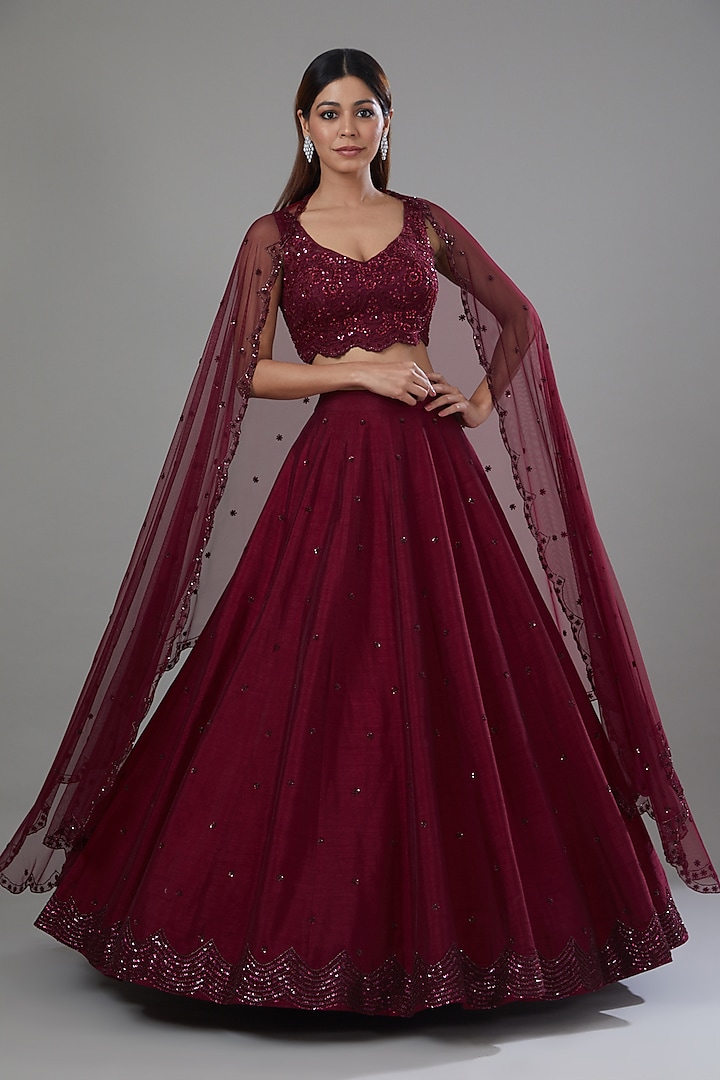 Wine Dupion Embroidered Lehenga Set by Megha & Jigar