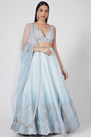 Sky Blue Ombre Embroidered Lehenga Set by Megha & Jigar