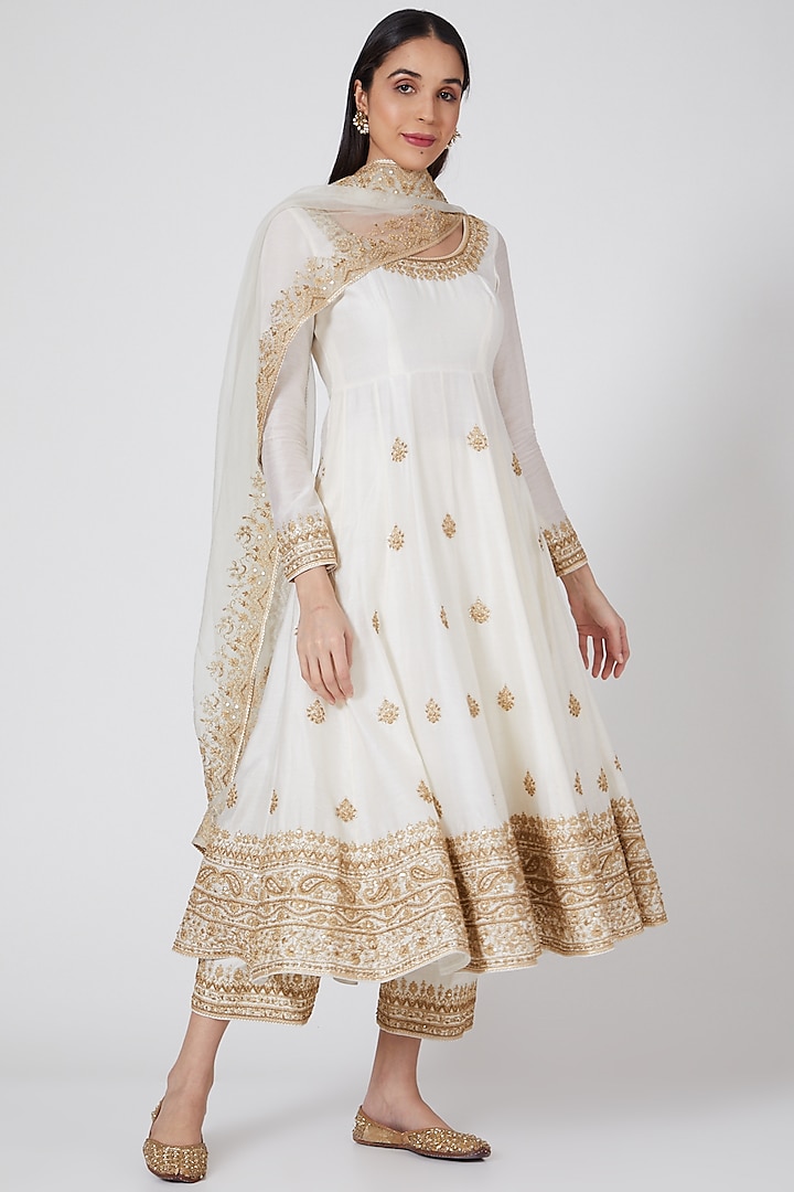 Off White Embroidered Anarkali Set by Megha & Jigar