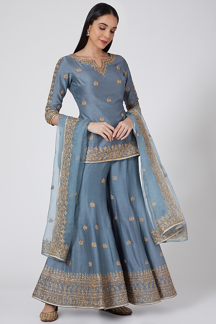 Dusty Blue Embroidered Sharara Set by Megha & Jigar