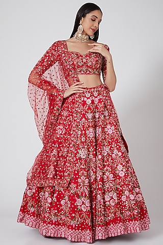 Red Embroidered Lehenga Set by Megha & Jigar