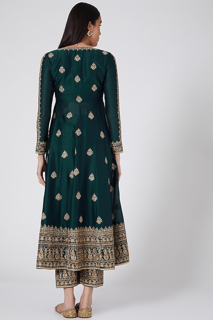 Bottle Green Embroidered Jacket Set by Megha & Jigar at Pernia's Pop Up Shop