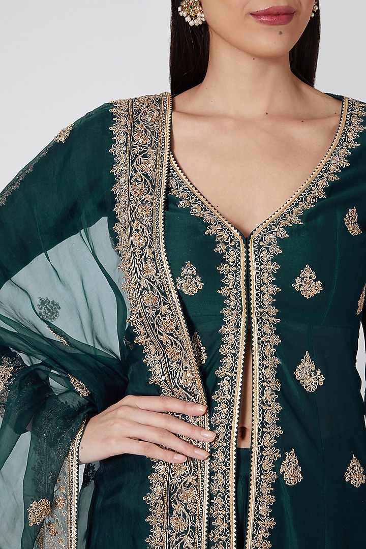 Bottle Green Embroidered Jacket Set by Megha & Jigar at Pernia's Pop Up Shop