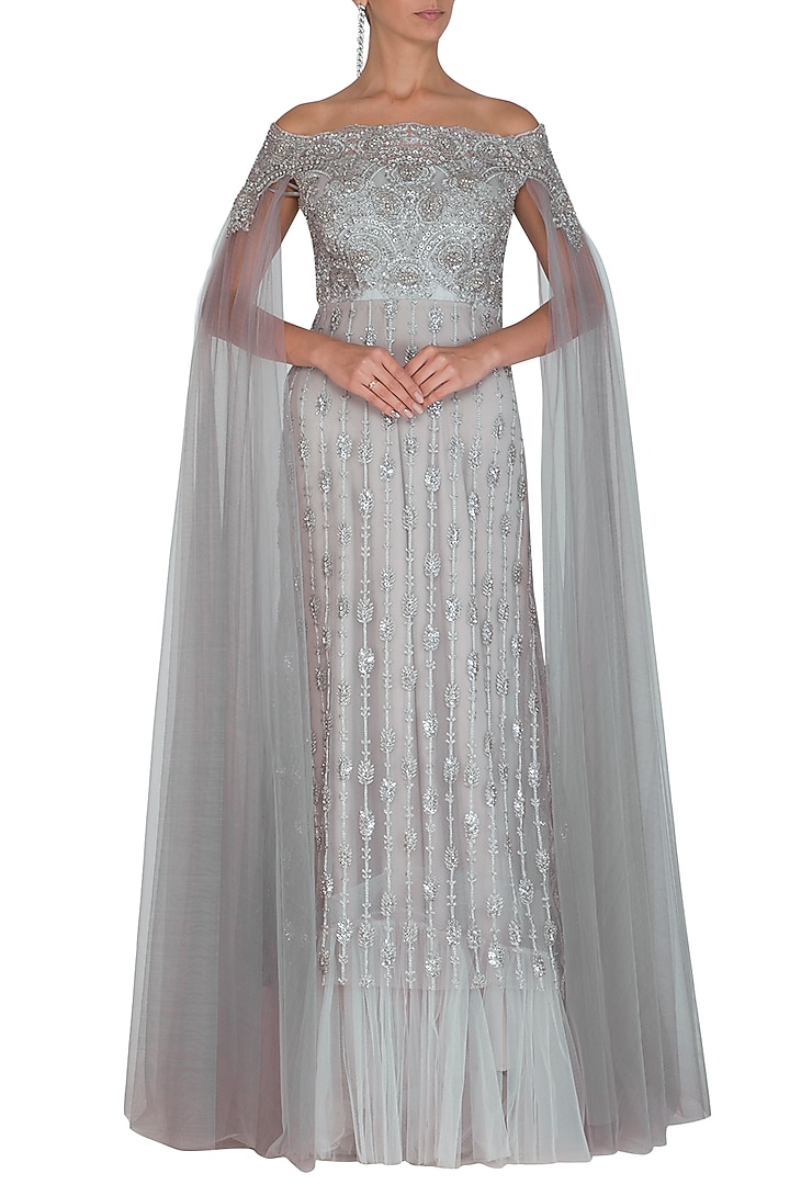 Grey Embroidered Off Shoulder Engagement Gown by Megha & Jigar at Pernia's Pop Up Shop