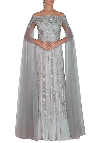 Grey Embroidered Off Shoulder Gown by Megha & Jigar