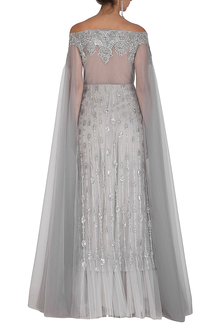 Grey Embroidered Off Shoulder Engagement Gown by Megha & Jigar at Pernia's Pop Up Shop