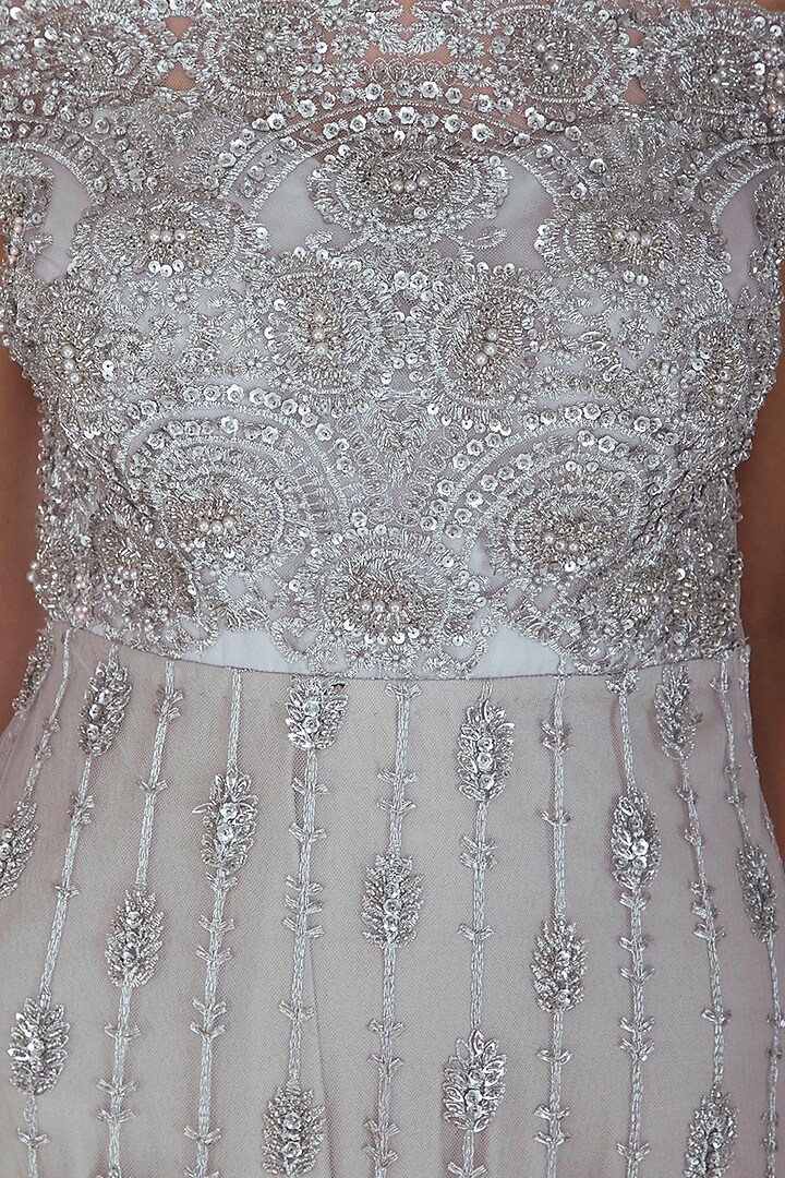 Grey Embroidered Off Shoulder Engagement Gown by Megha & Jigar at Pernia's Pop Up Shop