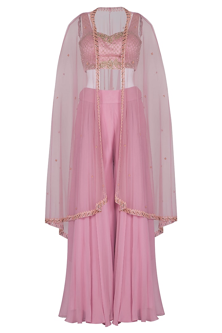 Mauve Embroidered Crop Top With Sharara Pants & Cape by Megha & Jigar