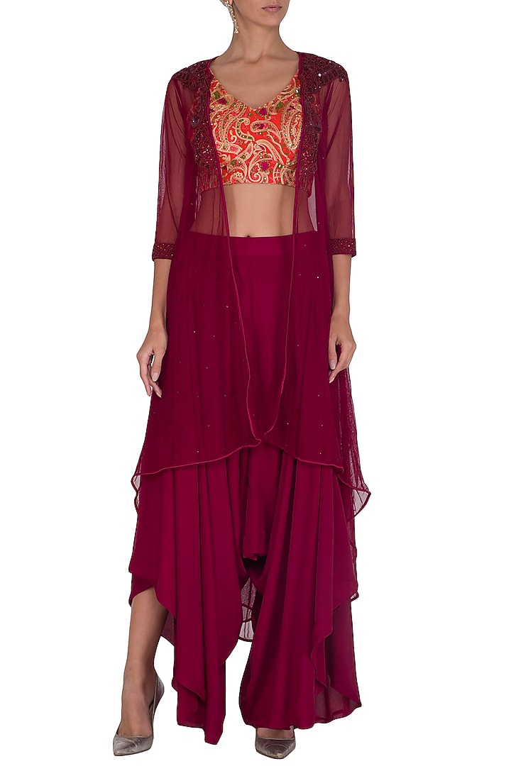 Orange Embroidered Crop Top With Wine Jacket & Pants by Megha & Jigar at Pernia's Pop Up Shop