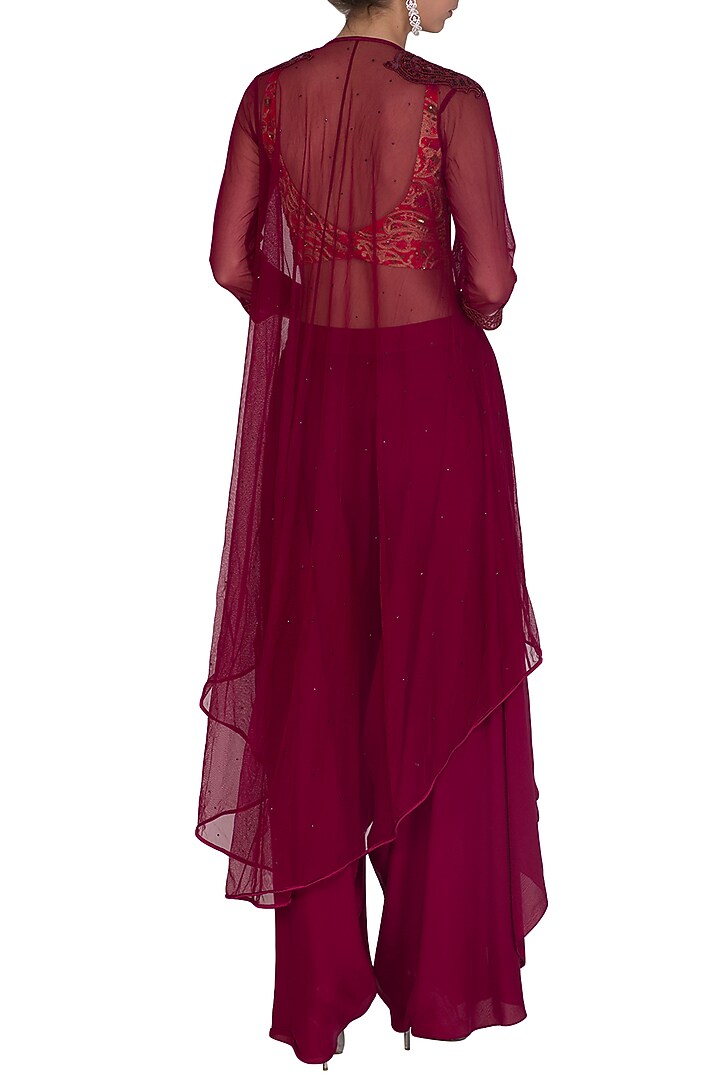 Orange Embroidered Crop Top With Wine Jacket & Pants by Megha & Jigar at Pernia's Pop Up Shop