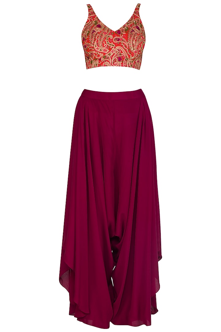 Orange Embroidered Crop Top With Wine Jacket & Pants by Megha & Jigar at Pernia's Pop Up Shop
