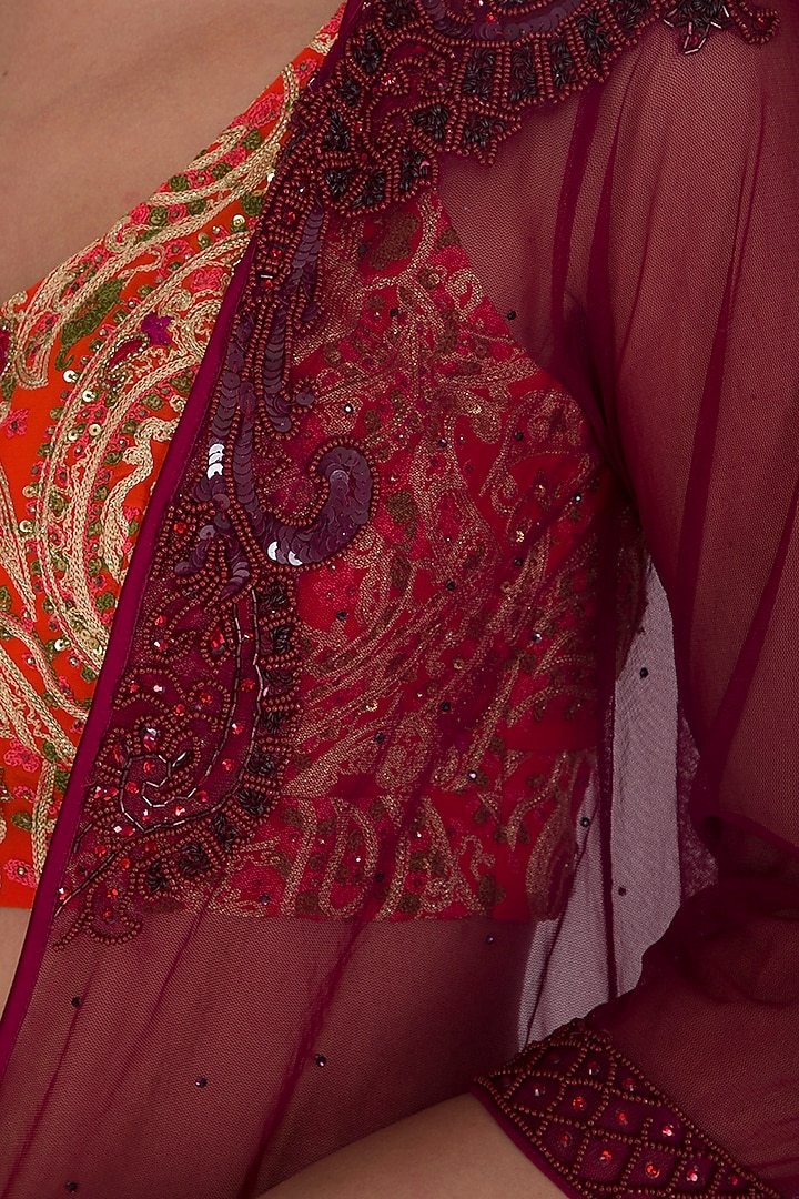 Orange Embroidered Crop Top With Wine Jacket & Pants by Megha & Jigar at Pernia's Pop Up Shop