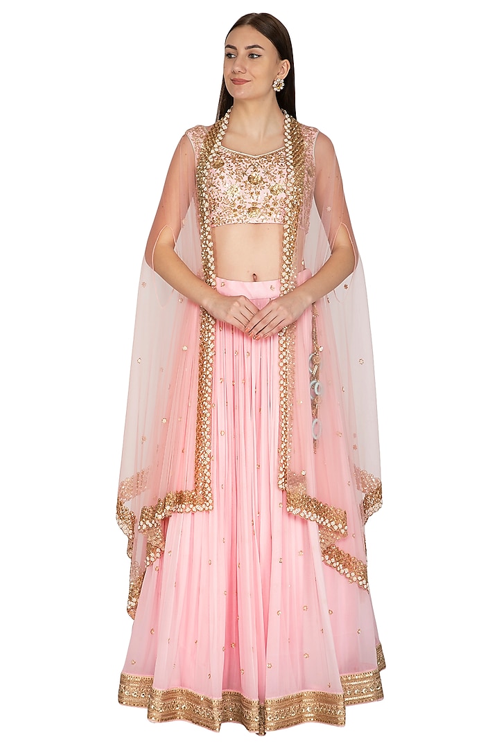 Baby Pink Embroidered Cape Lehenga Set by Megha & Jigar