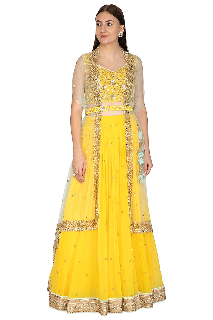Bright Yellow Embroidered Cape Lehenga Set With Belt by Megha & Jigar