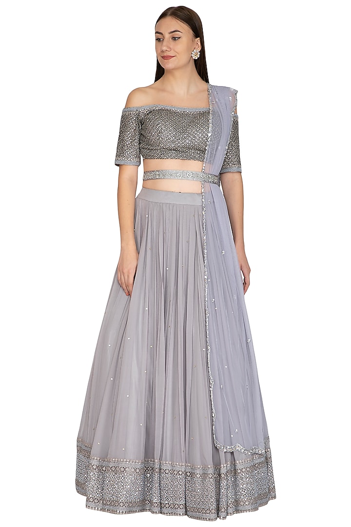 Grey Embroidered Lehenga Set With Belt by Megha & Jigar