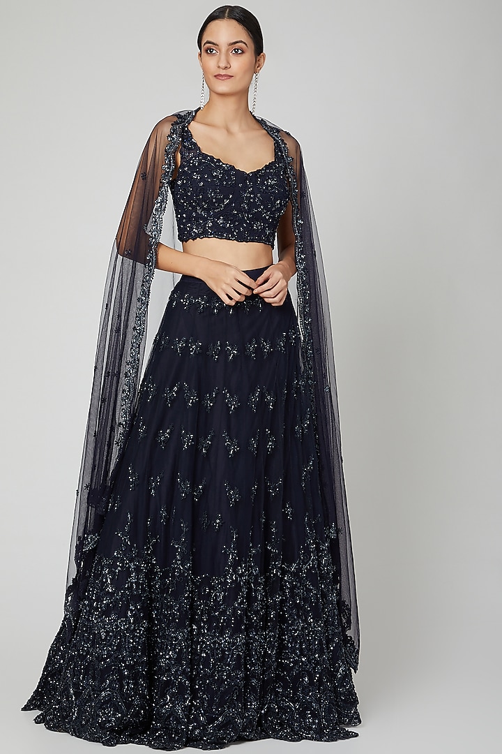 Midnight Blue Embroidered Wedding Lehenga Set by Megha & Jigar at Pernia's Pop Up Shop