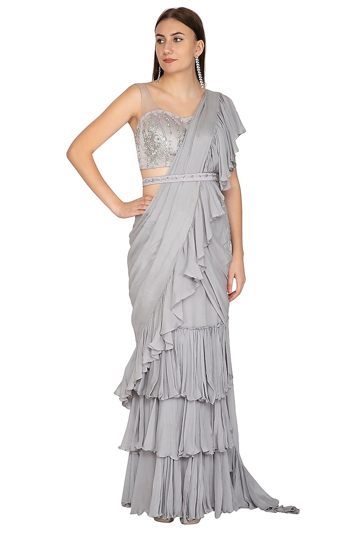 Grey Embroidered Ruffled Saree Set With Belt