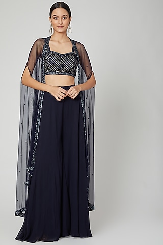 Midnight Blue Embroidered Sharara Set by Megha &&nbsp;Jigar