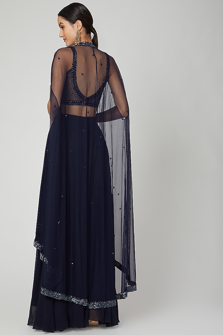 Midnight Blue Embroidered Wedding Sharara Set by Megha & Jigar at Pernia's Pop Up Shop