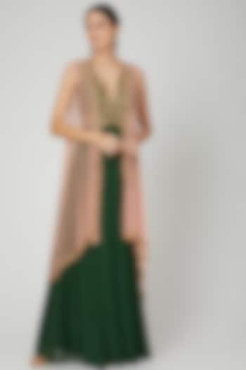 Olive Green Embroidered Jumpsuit With Cape by Megha & Jigar