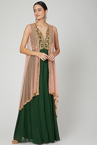 Olive Green Embroidered Jumpsuit With Cape by Megha &&nbsp;Jigar