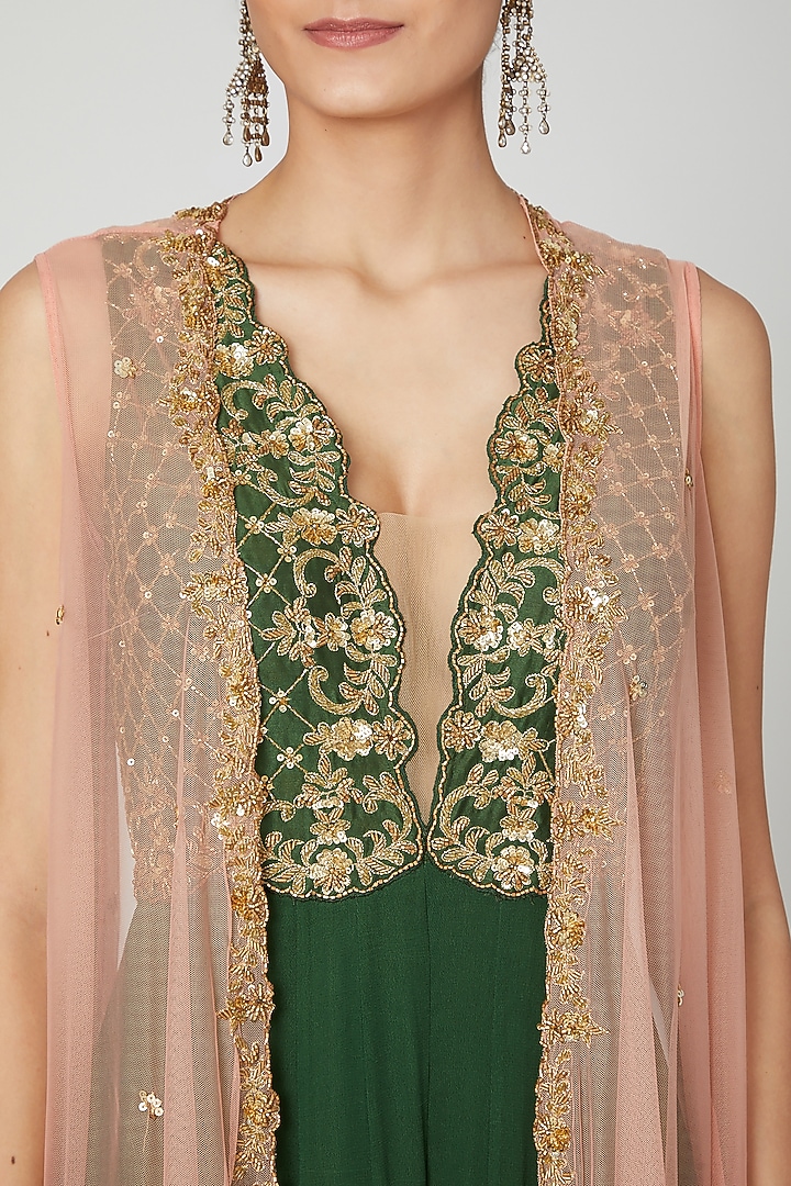 Olive Green Embroidered Jumpsuit With Cape by Megha &&nbsp;Jigar at Pernia's Pop Up Shop