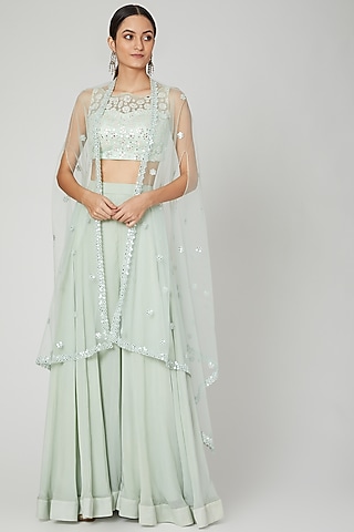 Mint Green Embroidered Sharara Set by Megha &&nbsp;Jigar