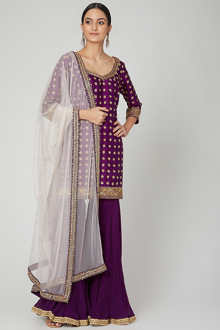 Purple Embroidered Gharara Set by Megha & Jigar