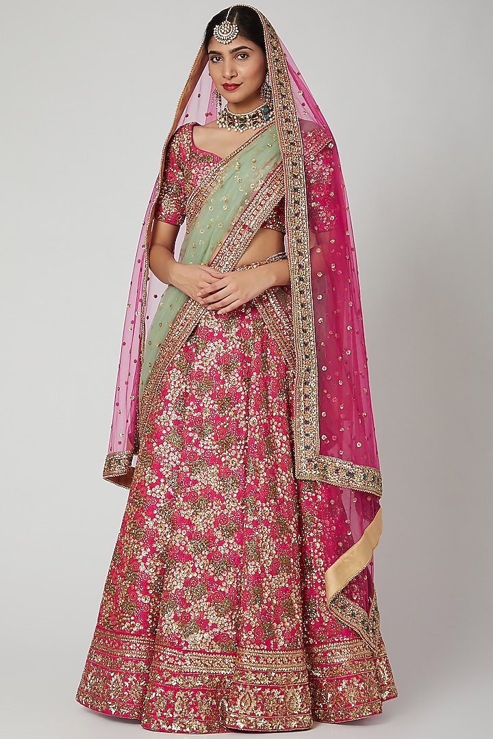 Blush Pink Aari & Zardosi Embroidered Lehenga Set by Megha & Jigar