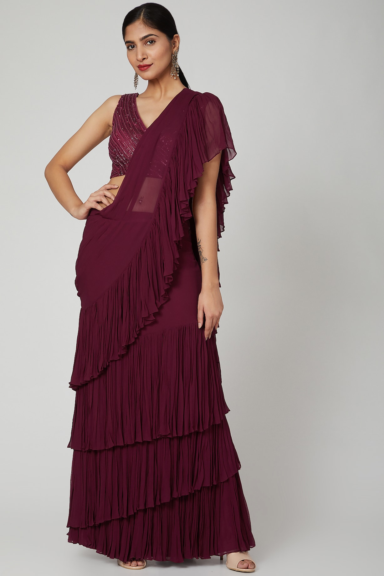 Wine Embroidered Ruffled Saree With Belt