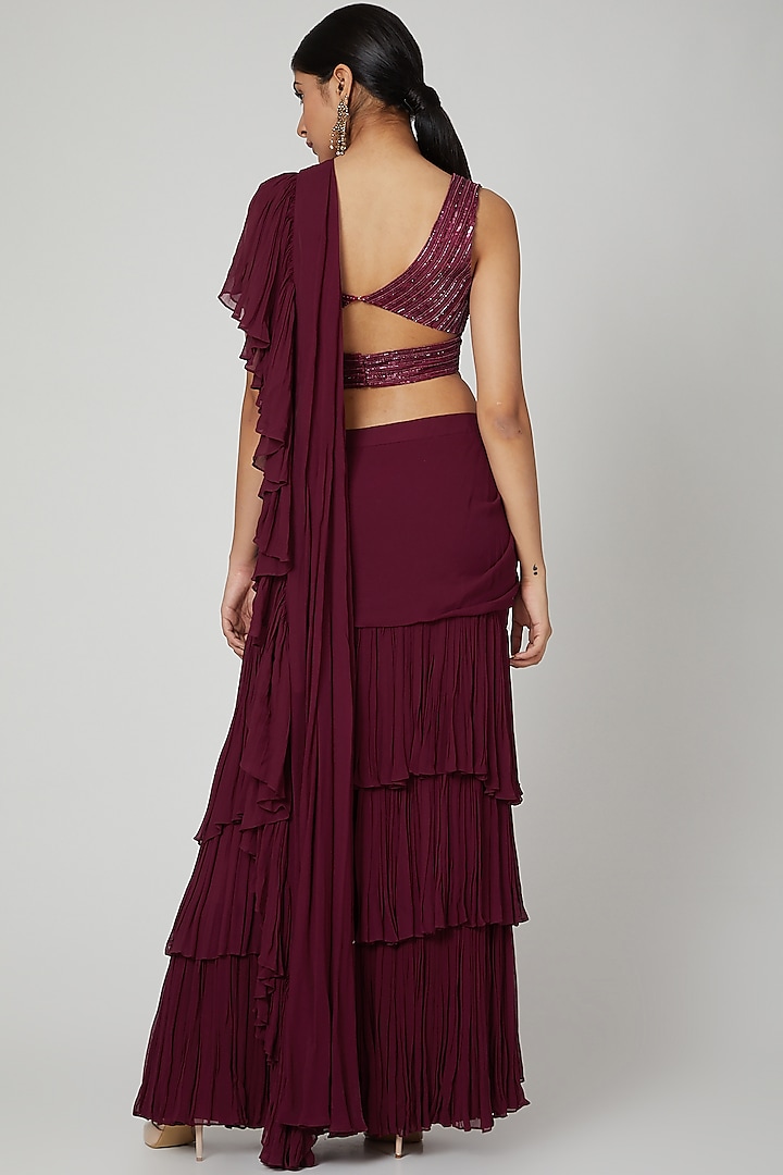 Wine Embroidered Ruffled Saree With Belt