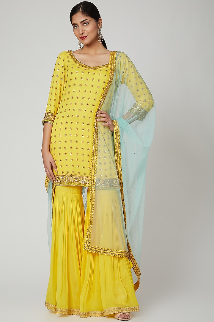 Yellow Embroidered Gharara Set by Megha & Jigar
