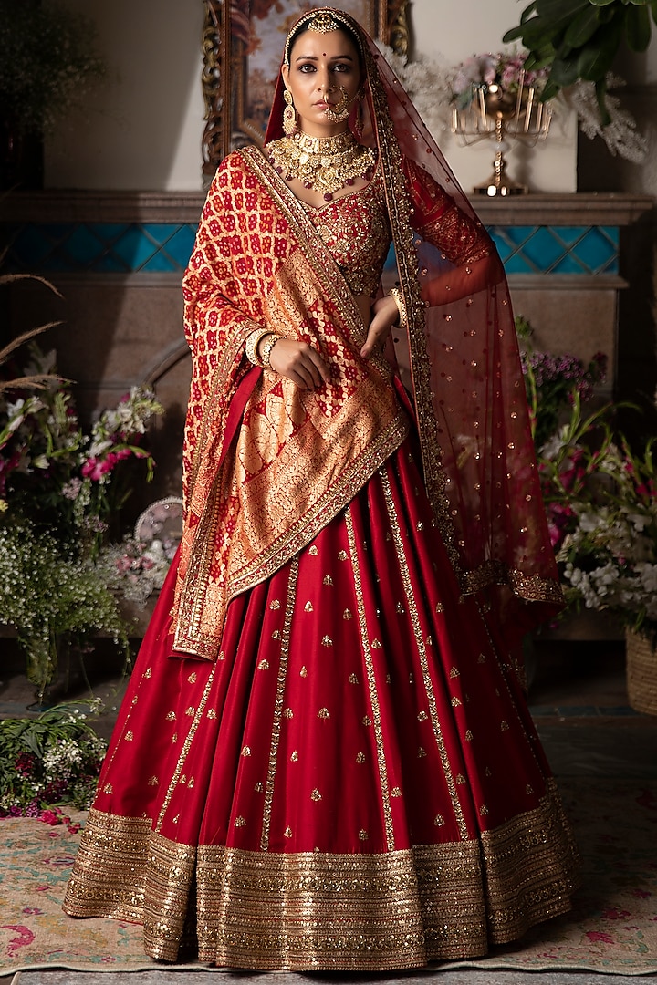 Cherry Red Embroidered Lehenga Set by Megha & Jigar