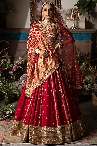 Cherry Red Embroidered Lehenga Set by Megha & Jigar