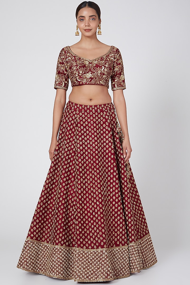 Maroon Embroidered Bridal Lehenga Set by Megha & Jigar at Pernia's Pop Up Shop