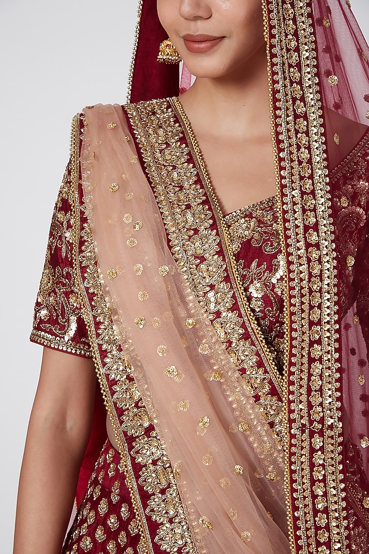 Maroon Embroidered Bridal Lehenga Set by Megha & Jigar at Pernia's Pop Up Shop