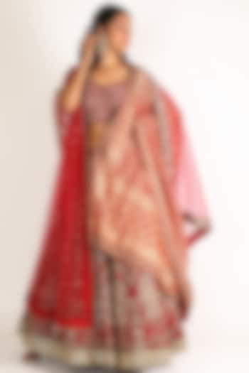 Maroon Aari Embroidered Bridal Lehenga Set by Megha & Jigar at Pernia's Pop Up Shop