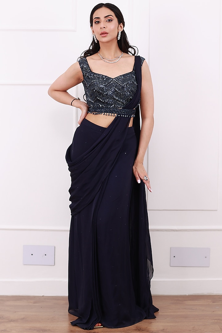 Blue Embroidered Draped Saree Set by Megha & Jigar at Pernia's Pop Up Shop