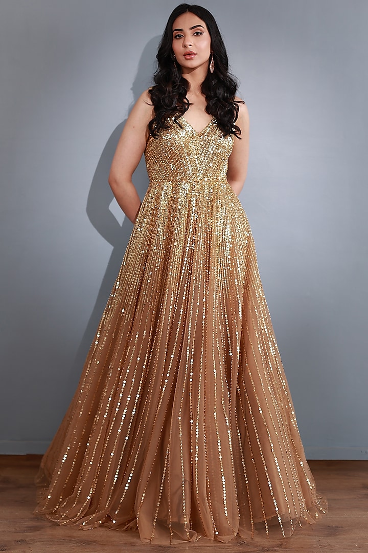 Gold Embroidered Gown by Megha & Jigar