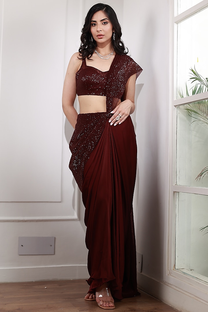 Wine Embroidered Draped Saree Set by Megha & Jigar