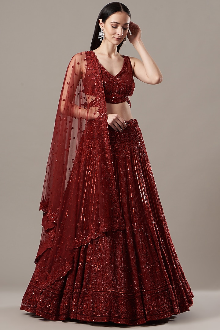 Red Net Embroidered Bridal Lehenga Set by Megha & Jigar at Pernia's Pop Up Shop