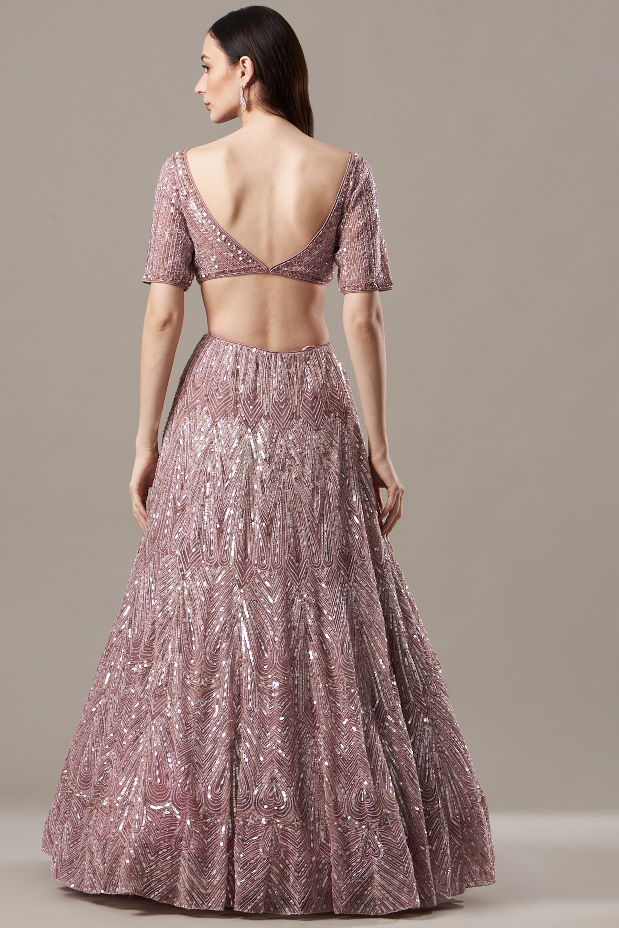 Rose Pink Cold Shoulder Blouse With Lehenga Skirt – Chhavvi Aggarwal