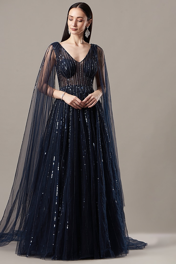Midnight Blue Embroidered Gown by Megha &?Jigar
