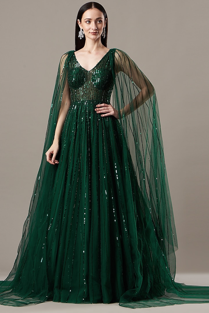 Emerald Green Embroidered Gown by Megha &?Jigar