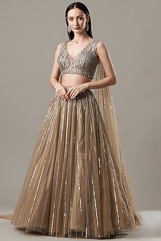 Mouse Grey Embroidered Lehenga Set by Megha & Jigar
