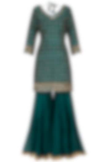 Peacock Green Flat Chiffon Embroidered Pleated Gharara Set by Megha & Jigar at Pernia's Pop Up Shop