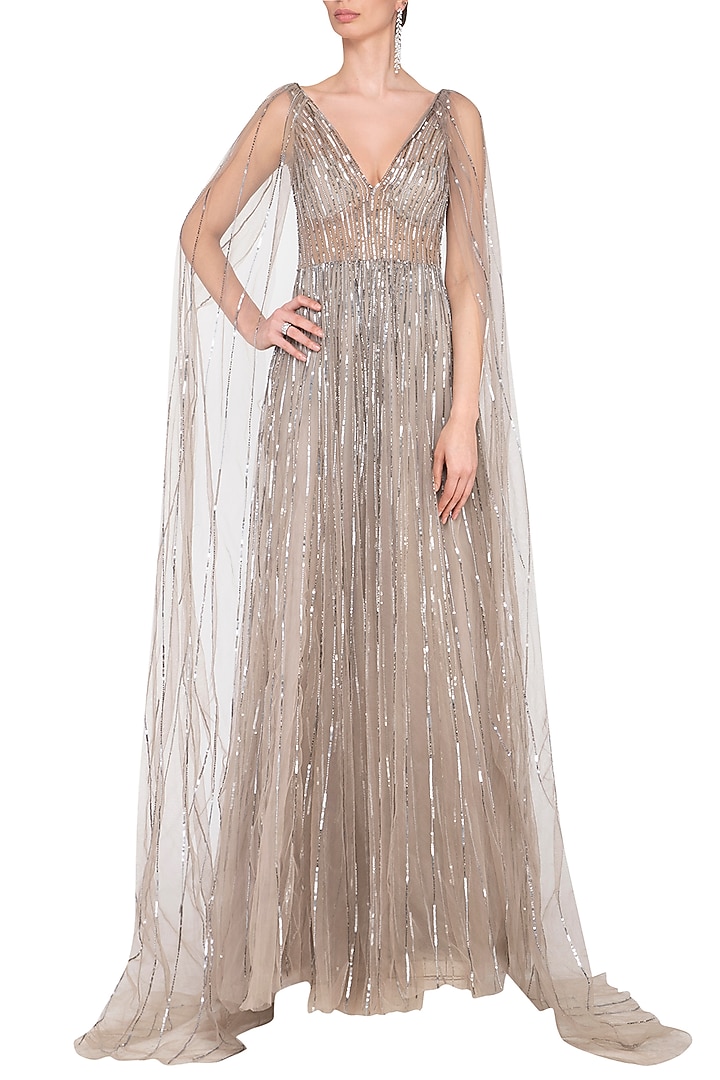 Grey sequins embroidered cape sleeves Engagement Gown by Megha & Jigar at Pernia's Pop Up Shop